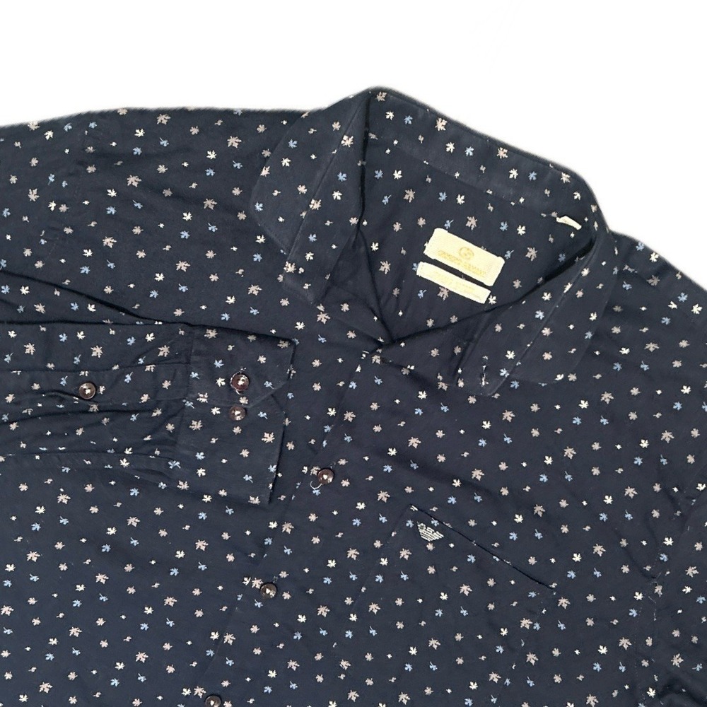 Giorgio Armani Mens Navy Button Up Shirt Cotton Dress Luxury L Micro Print